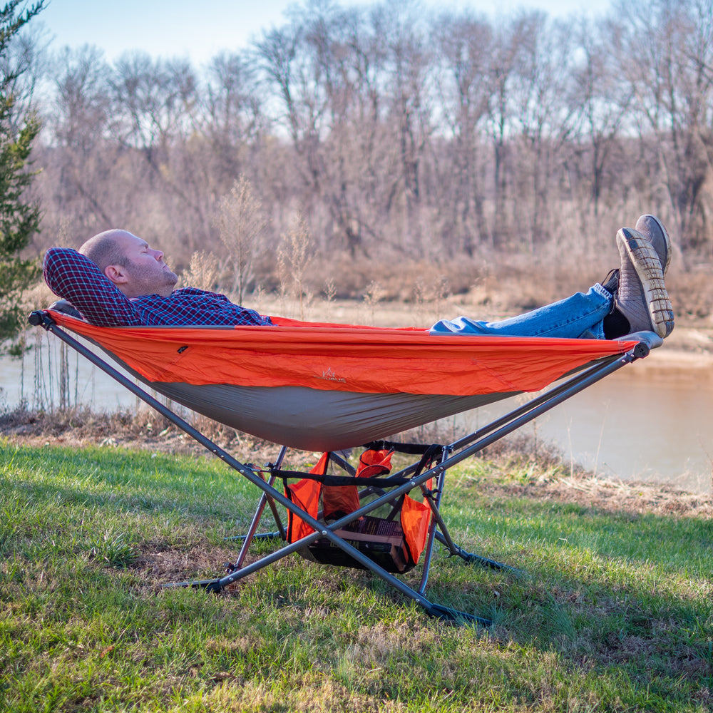 outdoor river camping with portable folding mock one hammock
