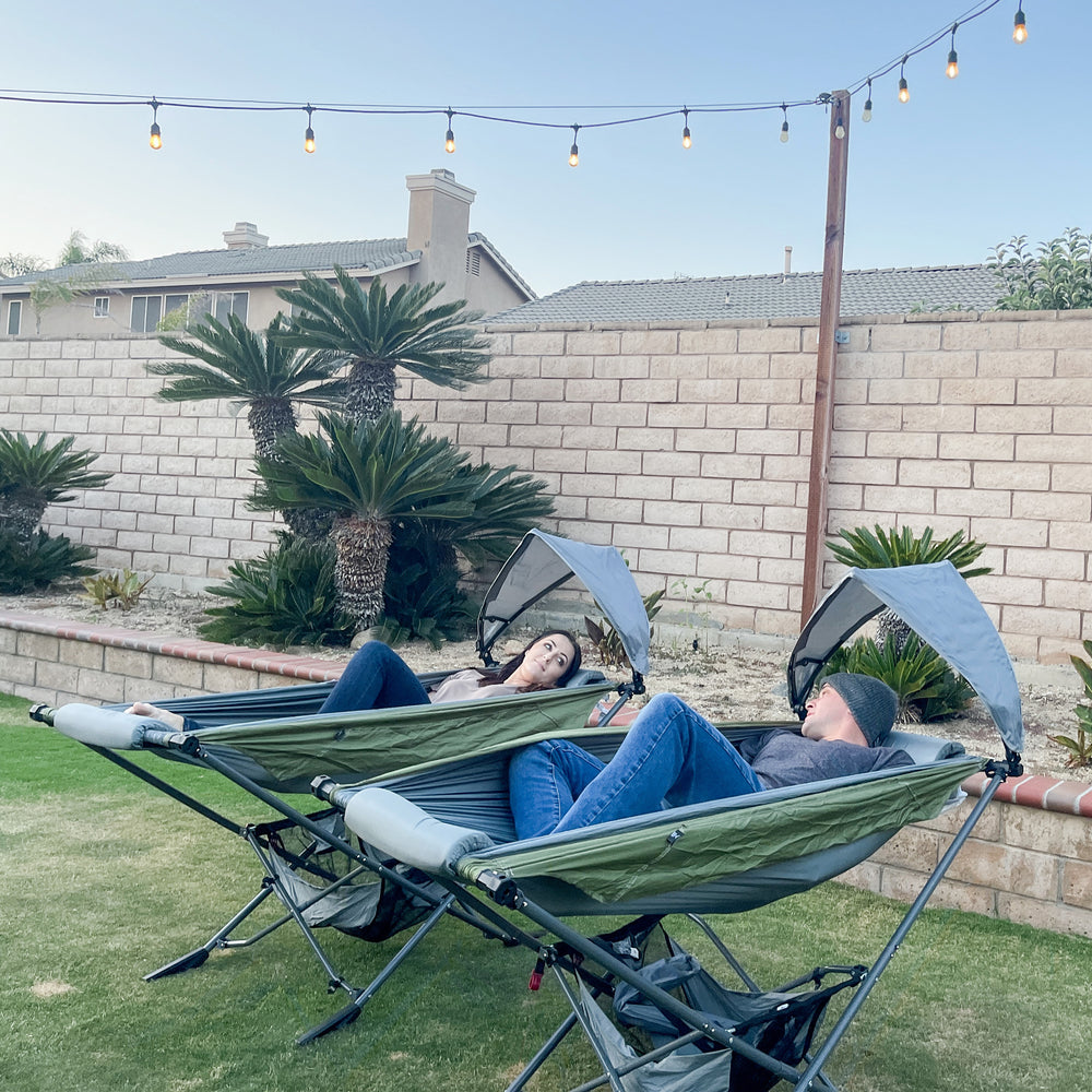 relax at backyard with folding hammock with stand